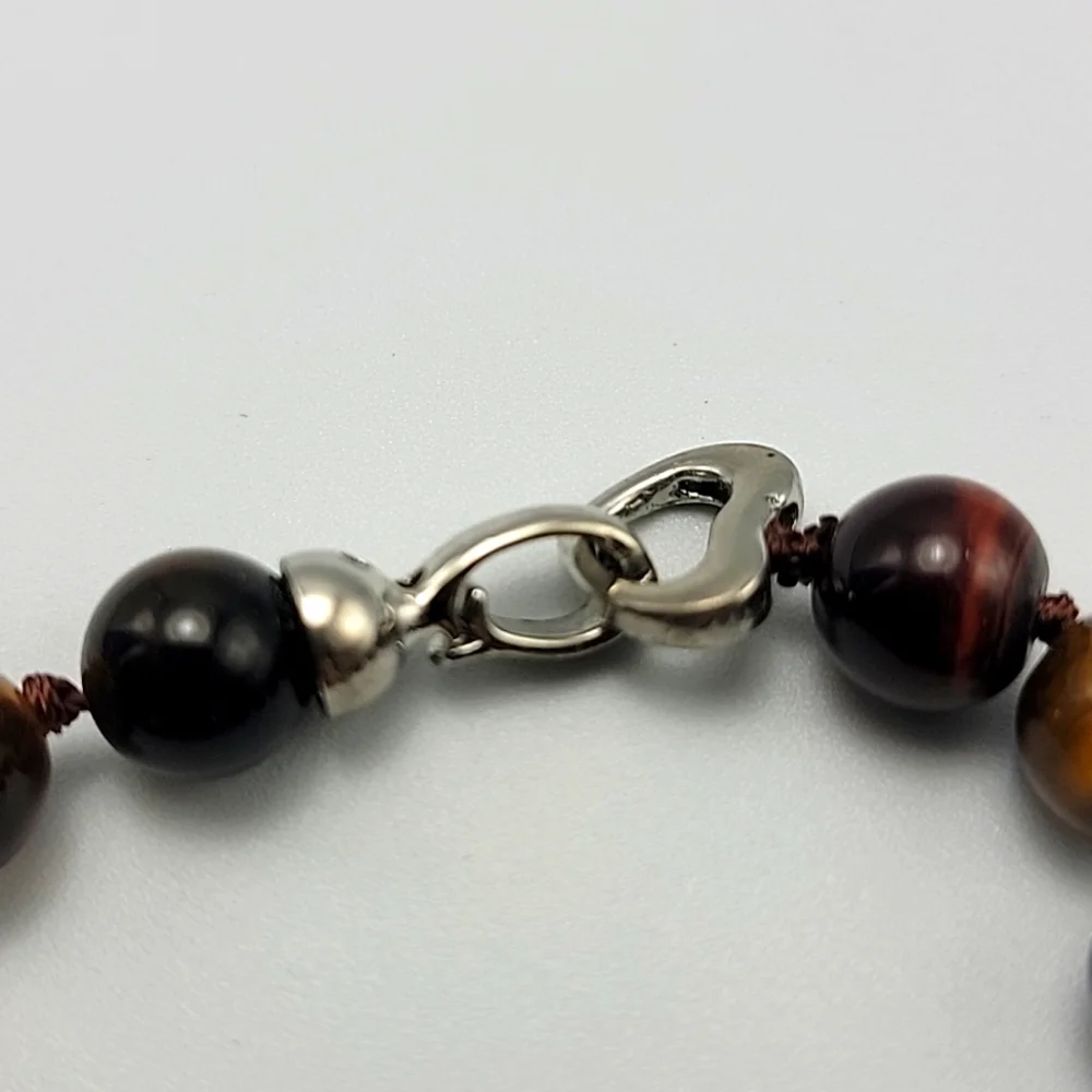 Gold Green Red 10mm Tiger Eye Beaded Bracelet Hand Knotted Silver Tone Clasp